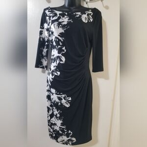 Le Château Black White Floral Ruched Sheath Dress 3/4 Sleeve Stretchy M Canada